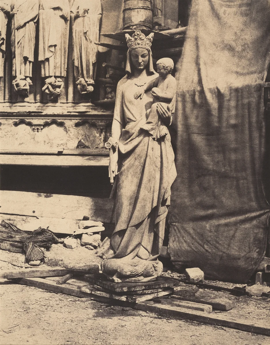 Vierge à l'enfant sculptée par Geoffroy-Dechaume, chantier de la cathédrale Notre-Dame, Paris (Madonna and Child, sculpted by Geoffroy-Dechaume, Notre-Dame Cathedral, Paris) by Auguste Mestral, photograph, 1854