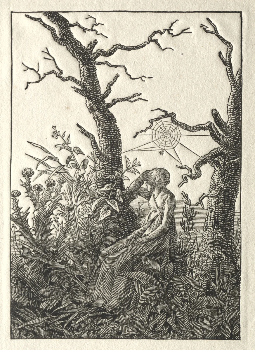 The Woman with the Spider Web between Bare Trees by Caspar David Friedrich, print, 1803