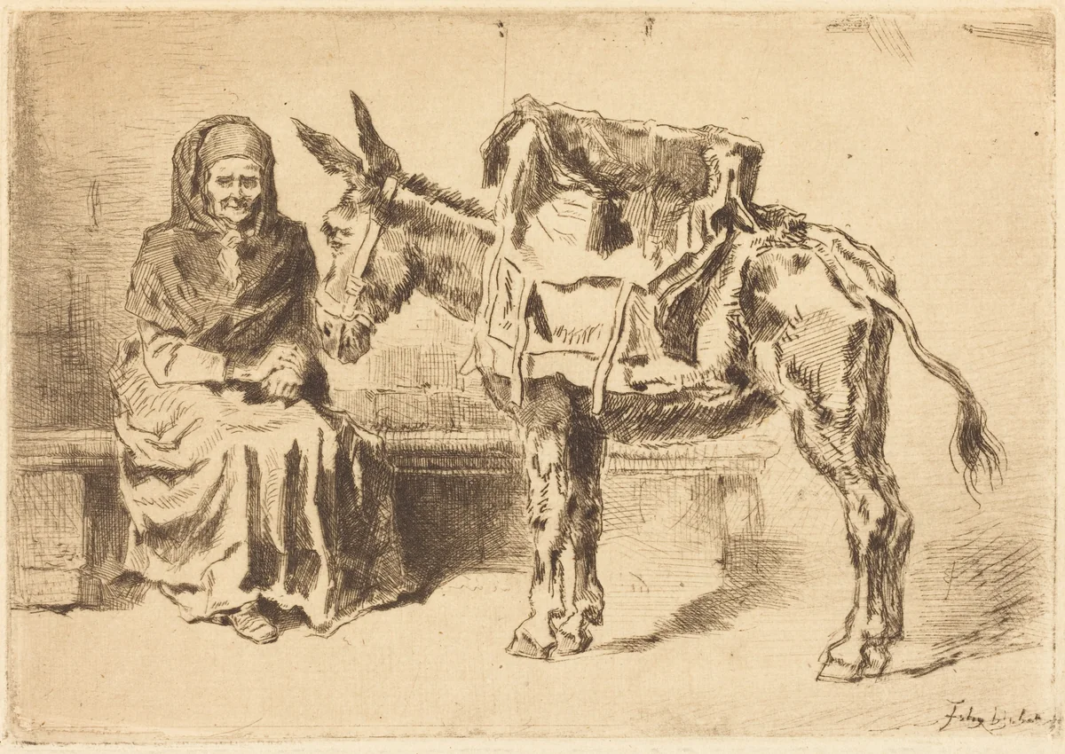 Cacoletière Assise (Seated Woman and Ass) by Félix-Hilaire Buhot, print, 1847-1898
