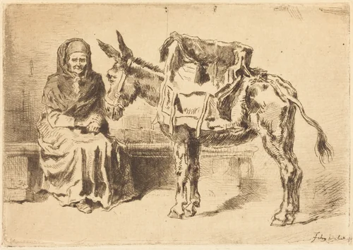 Cacoletière Assise (Seated Woman and Ass) by Félix-Hilaire Buhot, print, 1847-1898