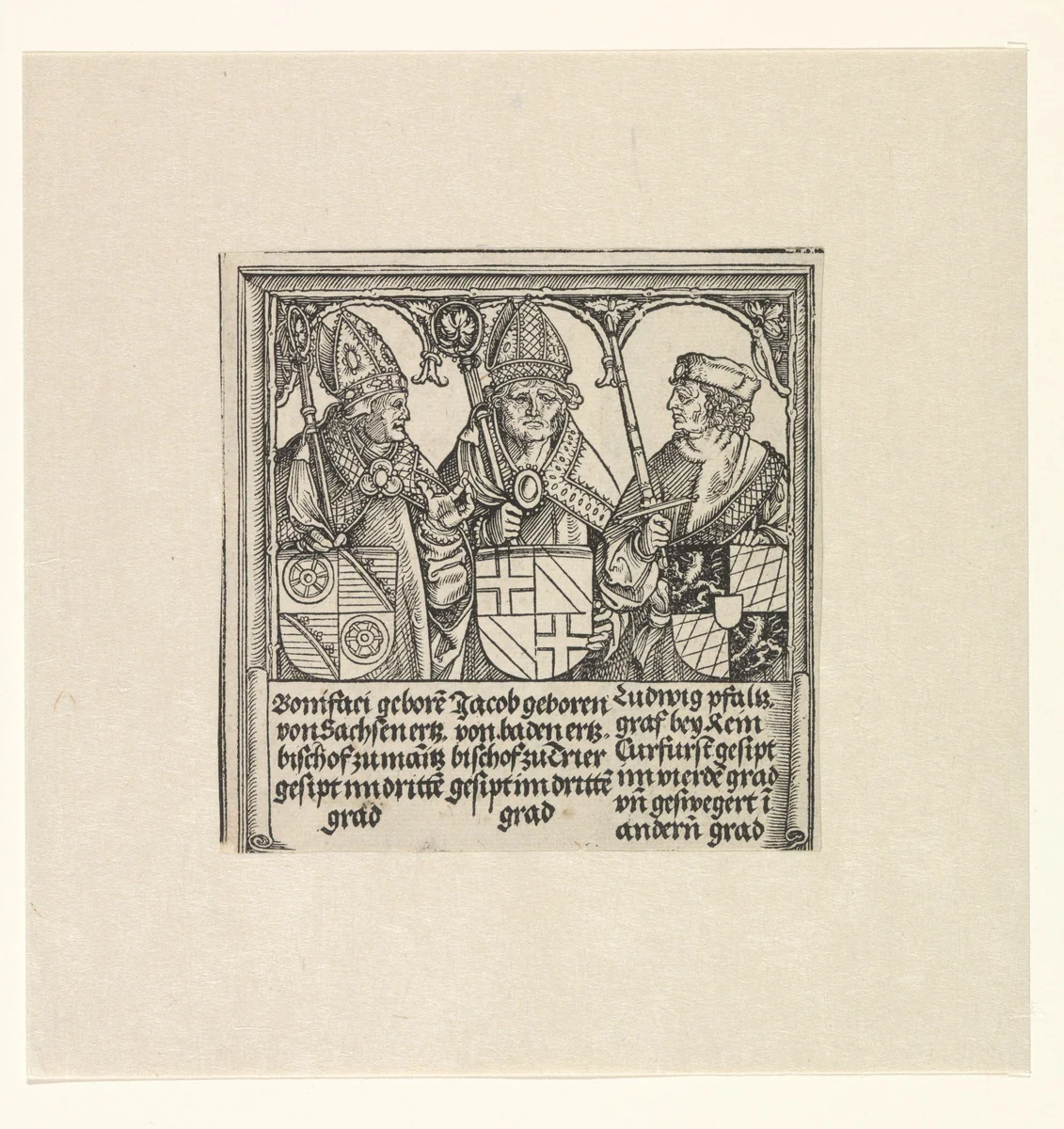 Aartsbisschoppen Bonifatius en Jacob, en paltsgraaf Ludwig by Unknown, print, 1515