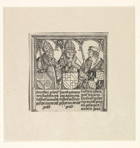 Aartsbisschoppen Bonifatius en Jacob, en paltsgraaf Ludwig by Unknown, print, 1515