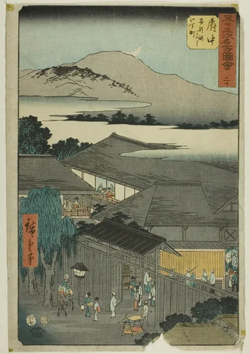 Fuchu: Miroku nichome, Abekawa (Fuchu, Abekawa Miroku nichome), no. 20 from the series "Famous Sights of the Fifty-three Stations (Gojusan tsugi meisho zue)," also known as the Vertical Tokaido by Utagawa Hiroshige (歌川広重), print, 1855