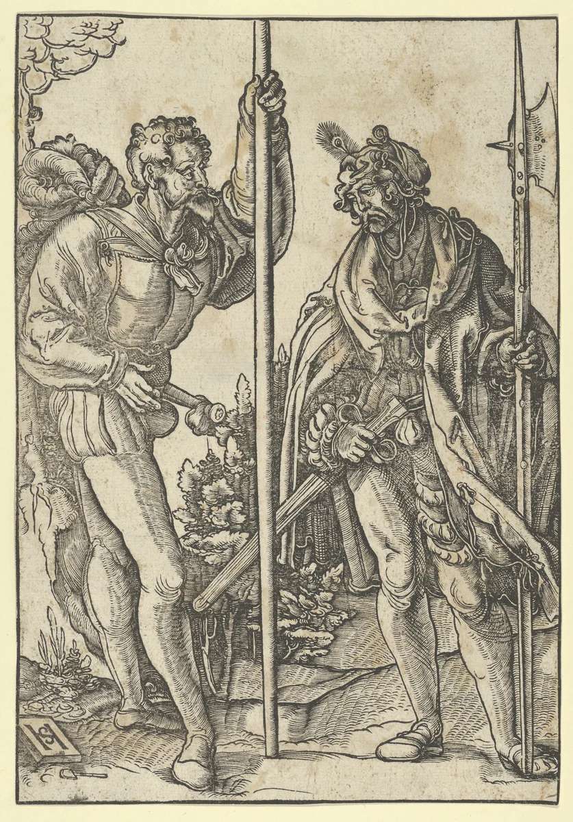 Two Soldiers with Lance and Halberd Conversing by Hans Schäufelein, print, 1500-1540