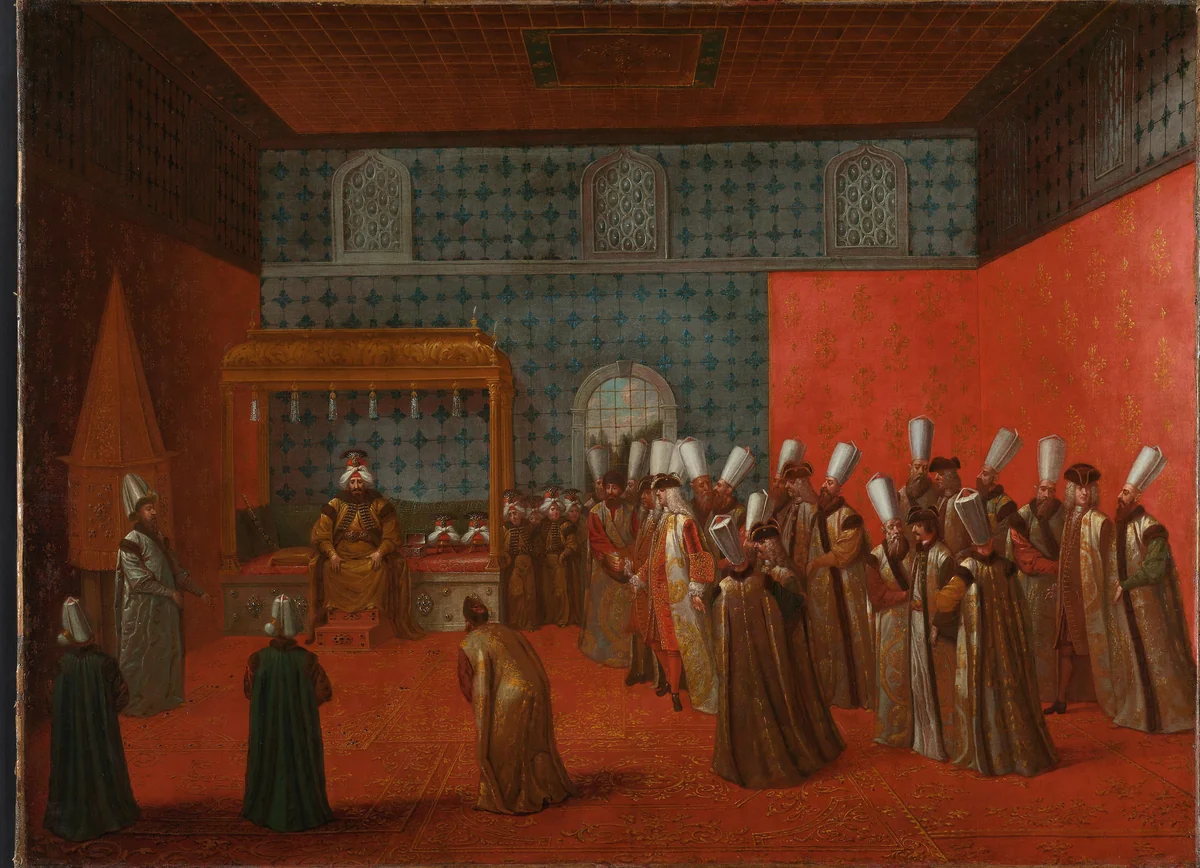 Ambassadeur Cornelis Calkoen op audiëntie bij sultan Ahmed III by Jean Baptiste Vanmour, painting, 1727-1730