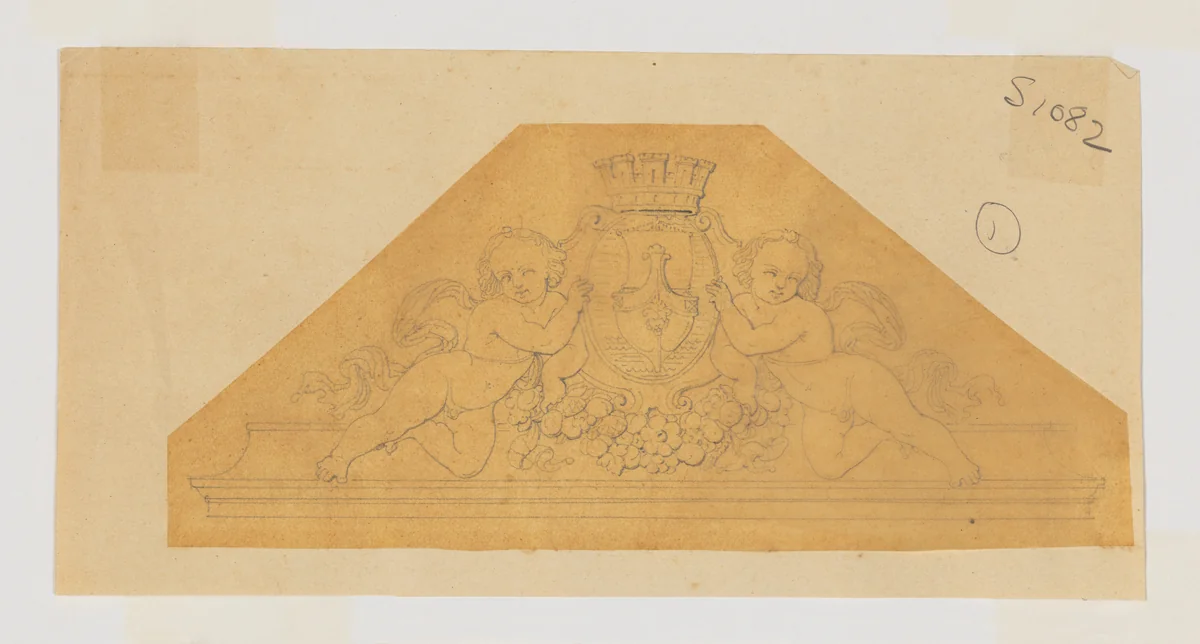 Design for an Overdoor with Two Mirroring Putti flanking a Coat of Arms by Jean-Baptiste Louis Plantar, drawing, 1840-1880