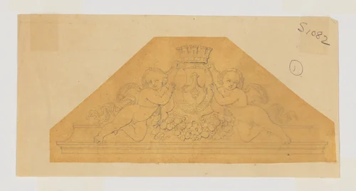 Design for an Overdoor with Two Mirroring Putti flanking a Coat of Arms by Jean-Baptiste Louis Plantar, drawing, 1840-1880
