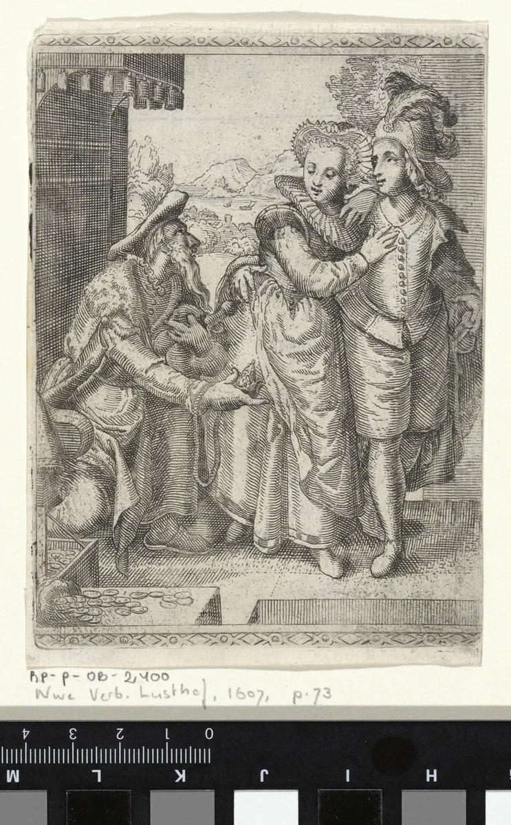 Jong paar loopt langs oude man die geld aanbiedt by anonymous, print, 1607