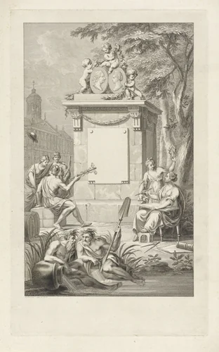 Allegorie op de aankomst en het verblijf van Willem V en Wilhelmina van Pruisen te Amsterdam by Reinier Vinkeles, print, 1772