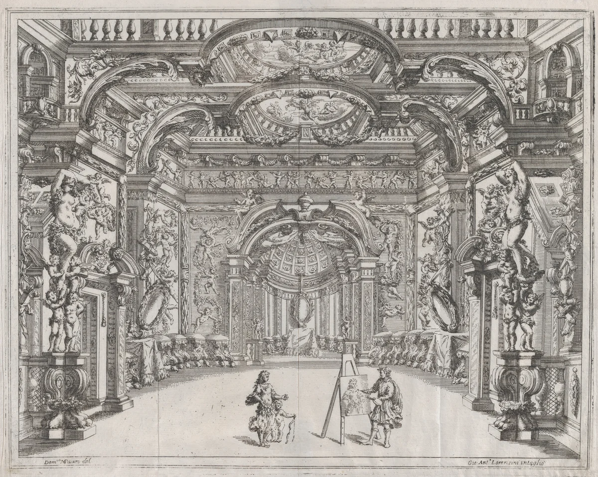 Stage set with an artist painting Venus and Cupid; from Aurelio Aureli, 'Il Favore De Gli Dei' by Gianantonio Lorenzini, print, 1690