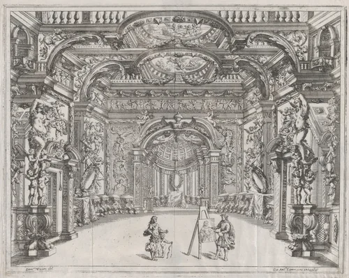 Stage set with an artist painting Venus and Cupid; from Aurelio Aureli, 'Il Favore De Gli Dei' by Gianantonio Lorenzini, print, 1690