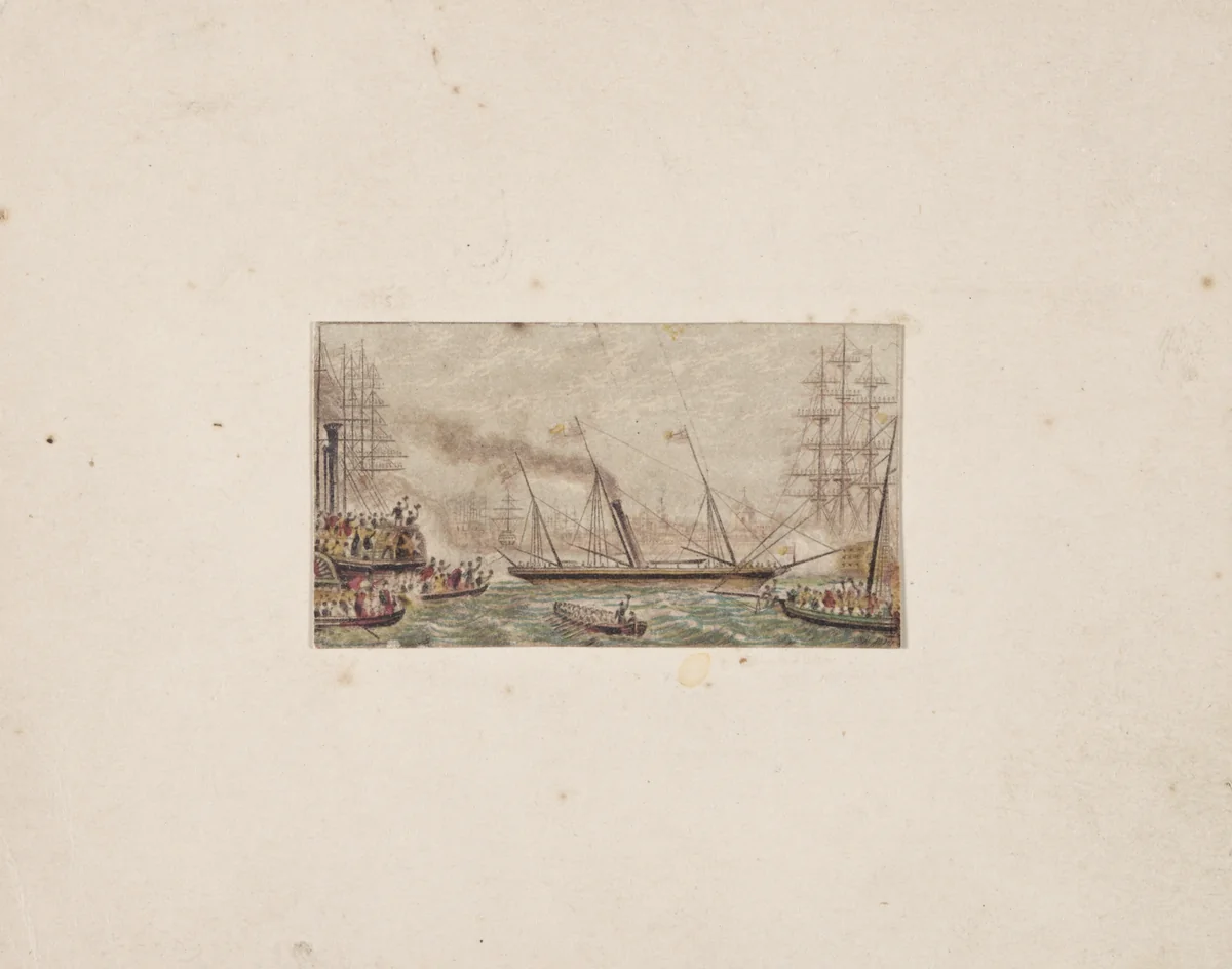 Needle-box Print: The Royal Fleet in Kilkenny Bay (?) by George Baxter, print, 1850