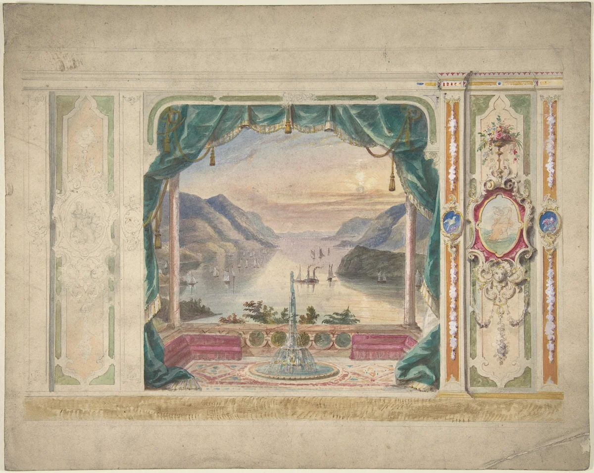 Wall Design with a Trompe l'Oeil Balcony Overlooking a Mountainous Harbor by anonymous, drawing, 1800-1899