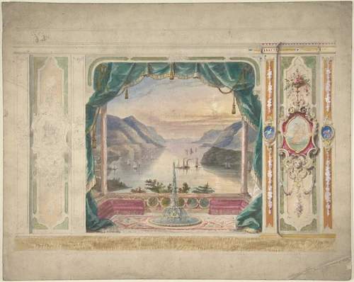 Wall Design with a Trompe l'Oeil Balcony Overlooking a Mountainous Harbor by anonymous, drawing, 1800-1899