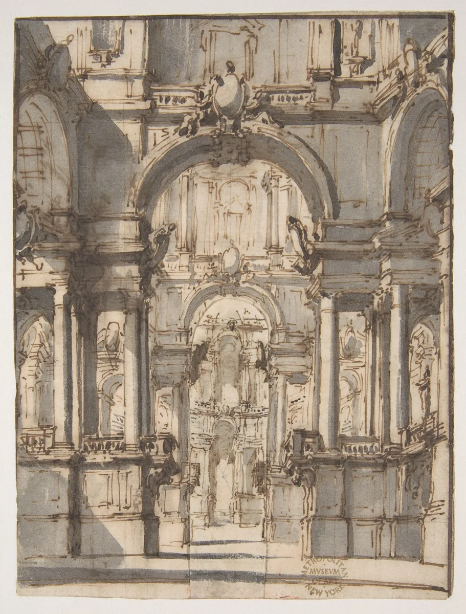 Design for a Stage Set (recto); Fragmentary Sketch of a Stage Set in Elevation (verso) by Giovanni Battista Natali, drawing, 1698-1765