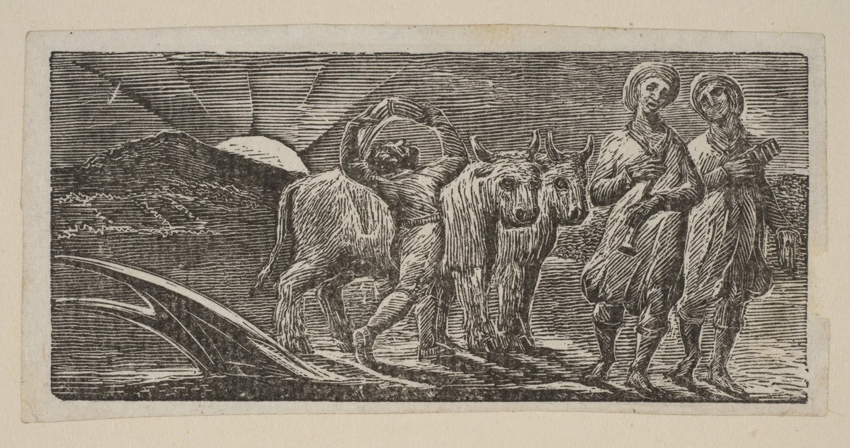Boy Returning Joyfully, with Plough and Oxen, from Thornton's "Pastorals of Virgil" by William Blake, print, 1821