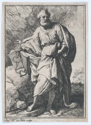 Saint Peter holding keys and an open book, facing left by Joachim Leonardo da Rocha, print, 1745-1755