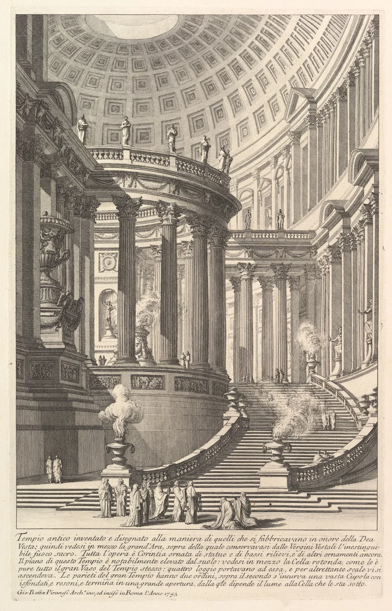 Imaginery ancient temple designed in the style of those built in honor of the Goddess Vesta... (Tempio antico inventato e disegnato alla maniera di quelli che si fabbricavano in onore della Dea Vesta...), from "Prima Parte di Architettura, e Prospettive" by Giovanni Battista Piranesi, print, 1745-1755