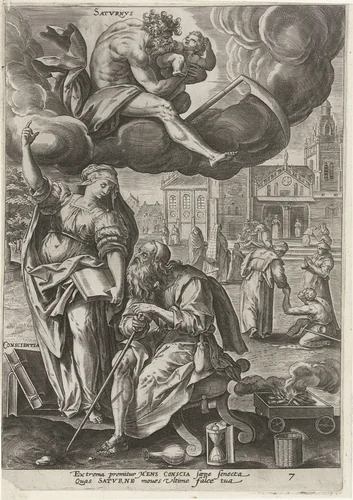 Hoge ouderdom onder invloed van Saturnus by Unknown, print, 1581