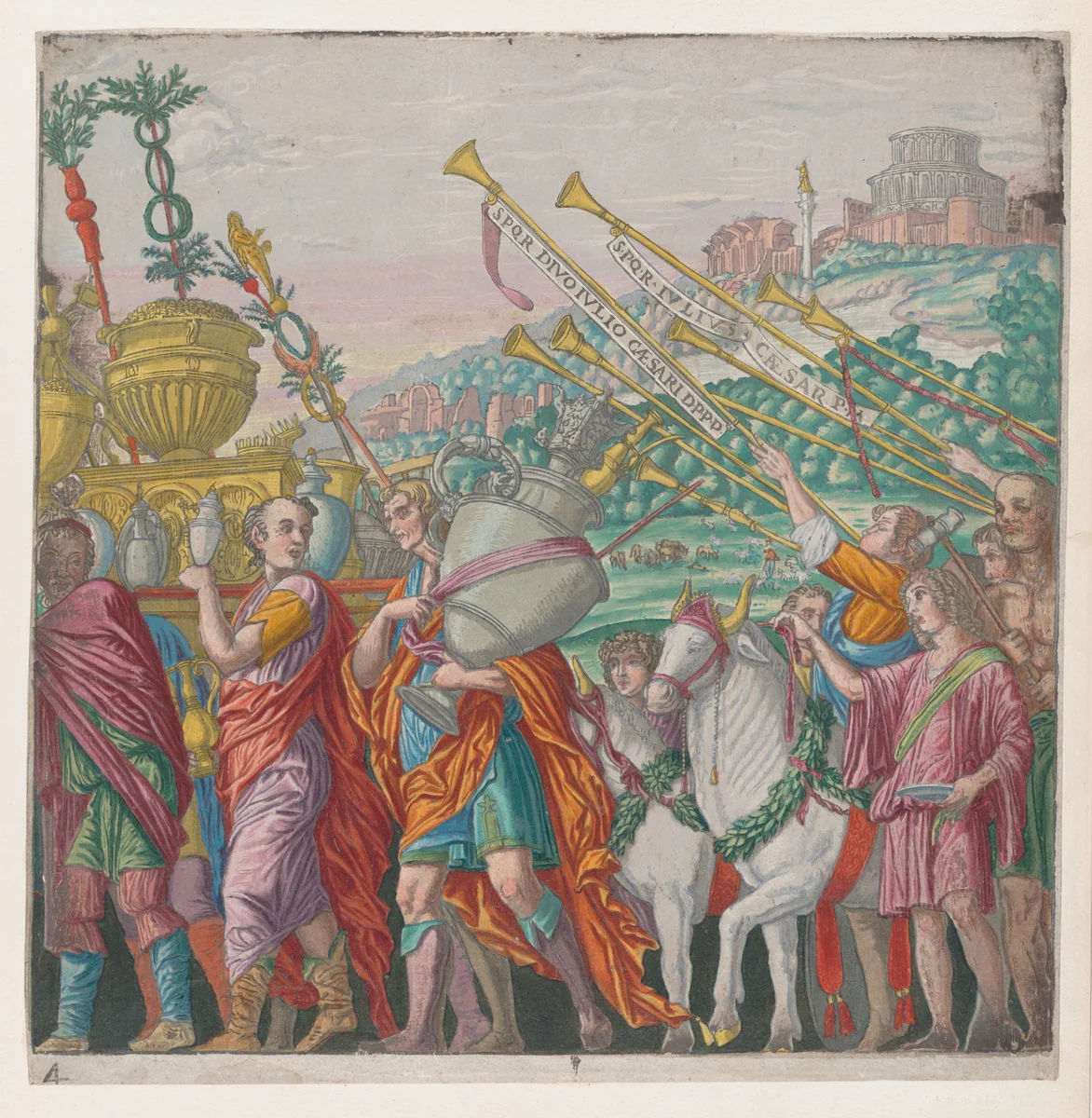 Sheet 4: Men carrying trophies at left, trumpeters at right, from "The Triumph of Julius Caesar" by Andrea Andreani, print, 1599