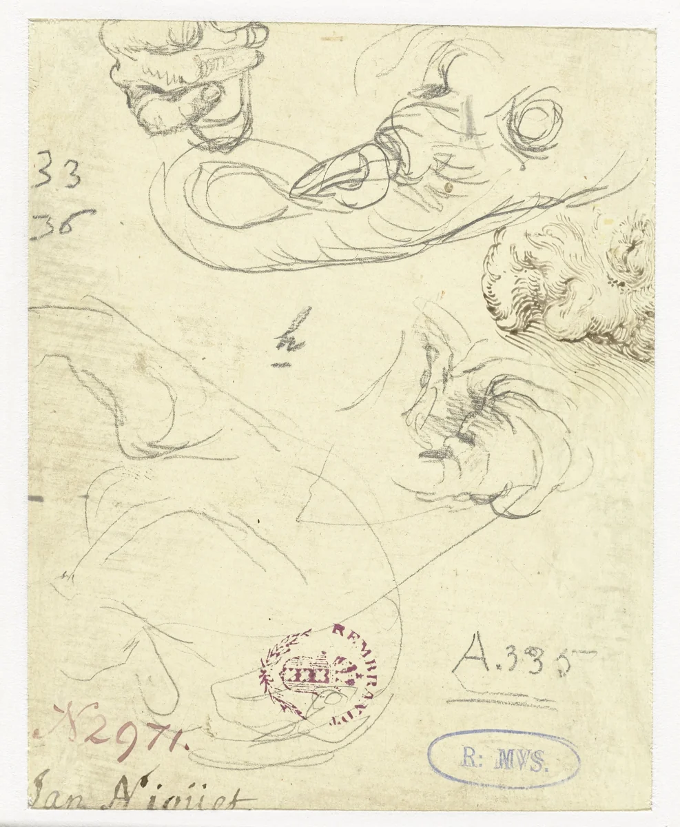 Schetsen van olifant en hand en hoofd van een man by Hendrick Goltzius, drawing, 1590-1595