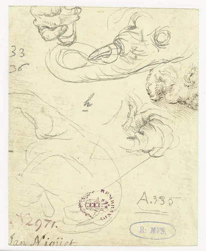 Schetsen van olifant en hand en hoofd van een man by Hendrick Goltzius, drawing, 1590-1595