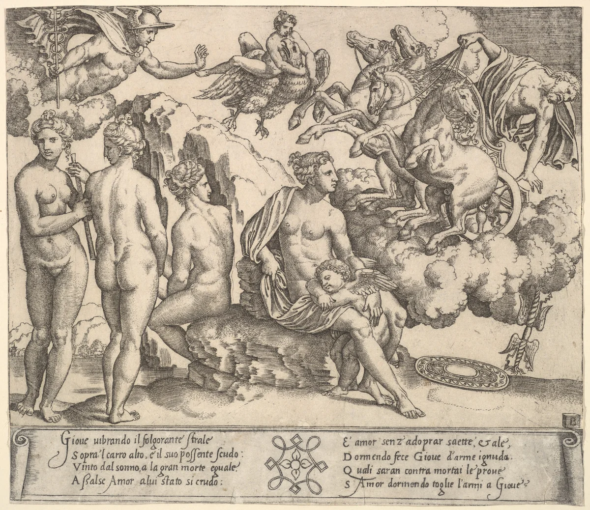 Jupiter tumbling from a horse-drawn carriage at right, Ganymede riding Jupiter's eagle upper center, below Venus and to her right, the three Graces by Master of the Die, print, 1530-1560