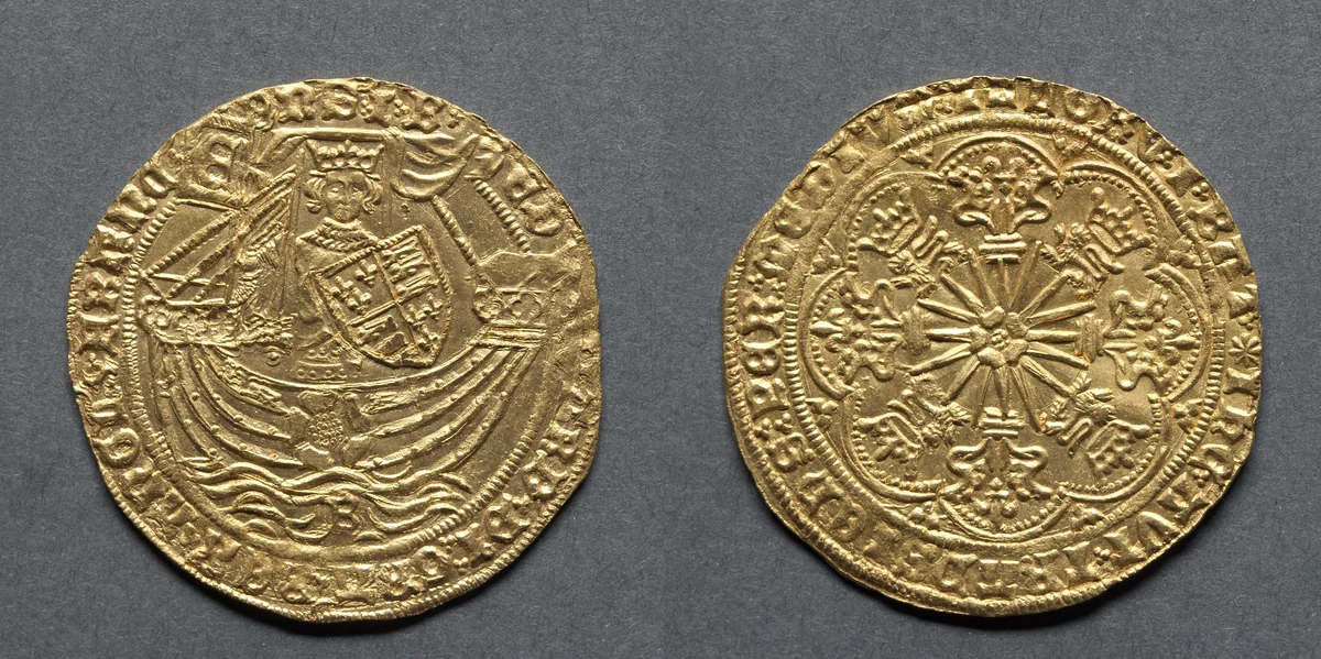 Ryal: Edward IV in Ship with a Shield of Arms and Rose (obverse); Sun with Fleurs (reverse) by Unknown, metalwork, 1464-1470