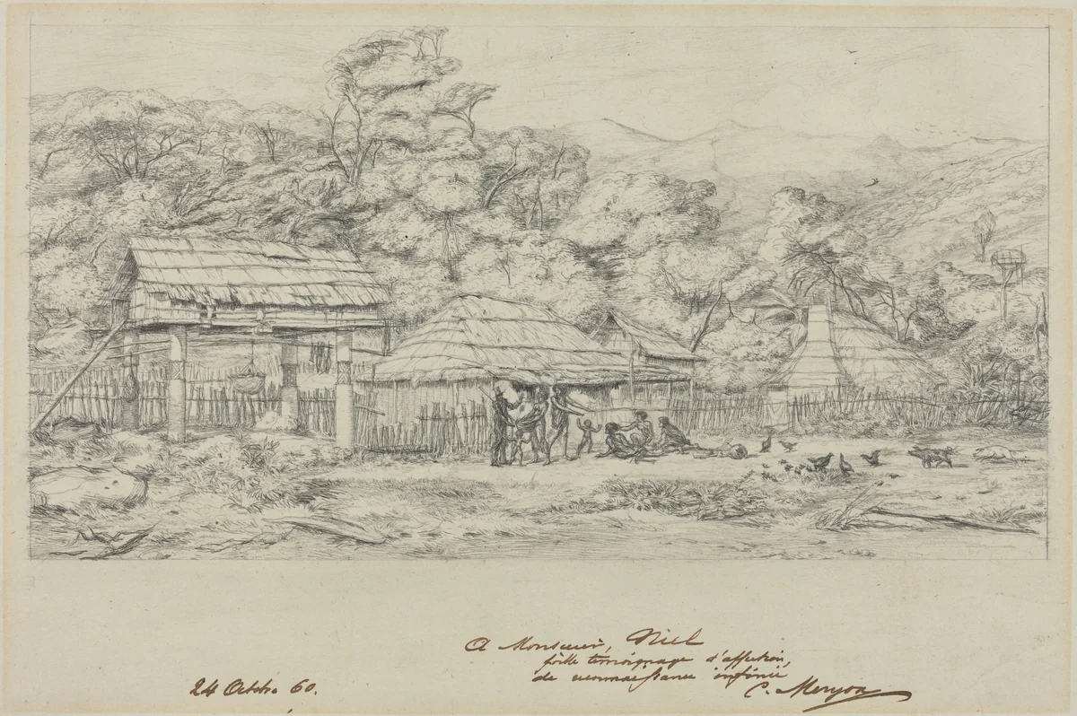 Greniers indigenes et habitations a Akaroa, presqu'Ile de Banks by Charles Meryon, drawing, 1860