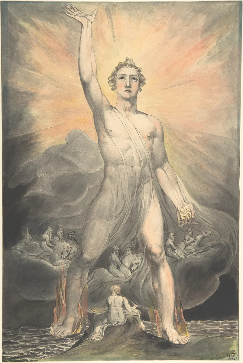 Angel of the Revelation (Book of Revelation, chapter 10) by William Blake, drawing, 1798-1810