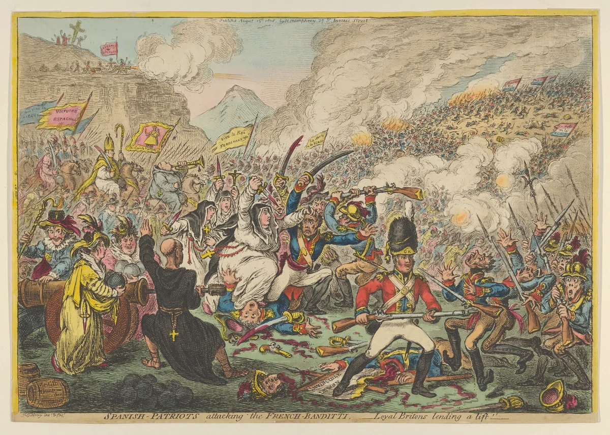 Spanish-Patriots Attacking the French-Banditti– Loyal Britons Lending a Lift by James Gillray, print, 1808