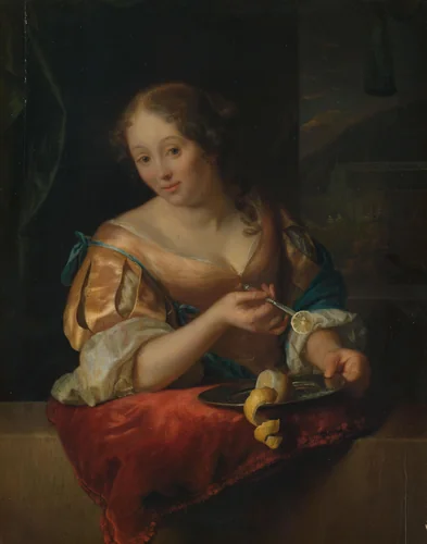 Young Woman with Lemon by Godfried Schalcken, painting, 1685-1690