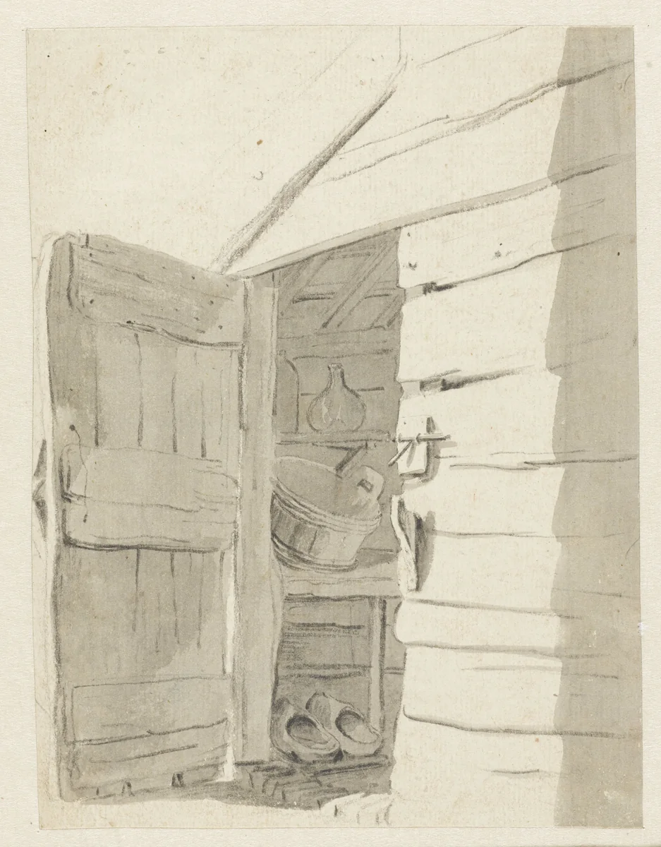 Gezicht in schuur door openstaande deur by Pieter Bartholomeusz. Barbiers, drawing, 1782-1837
