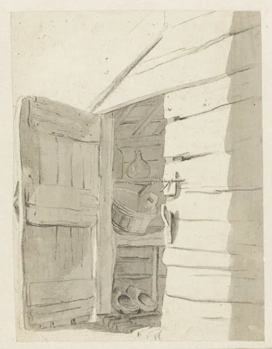 Gezicht in schuur door openstaande deur by Pieter Bartholomeusz. Barbiers, drawing, 1782-1837
