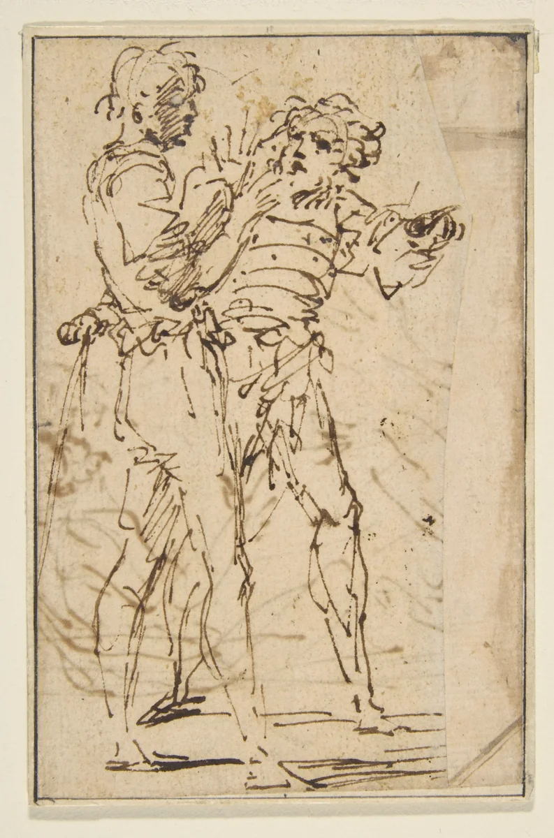 Two Standing Men Gesticulating by Salvator Rosa, drawing, 1615-1673
