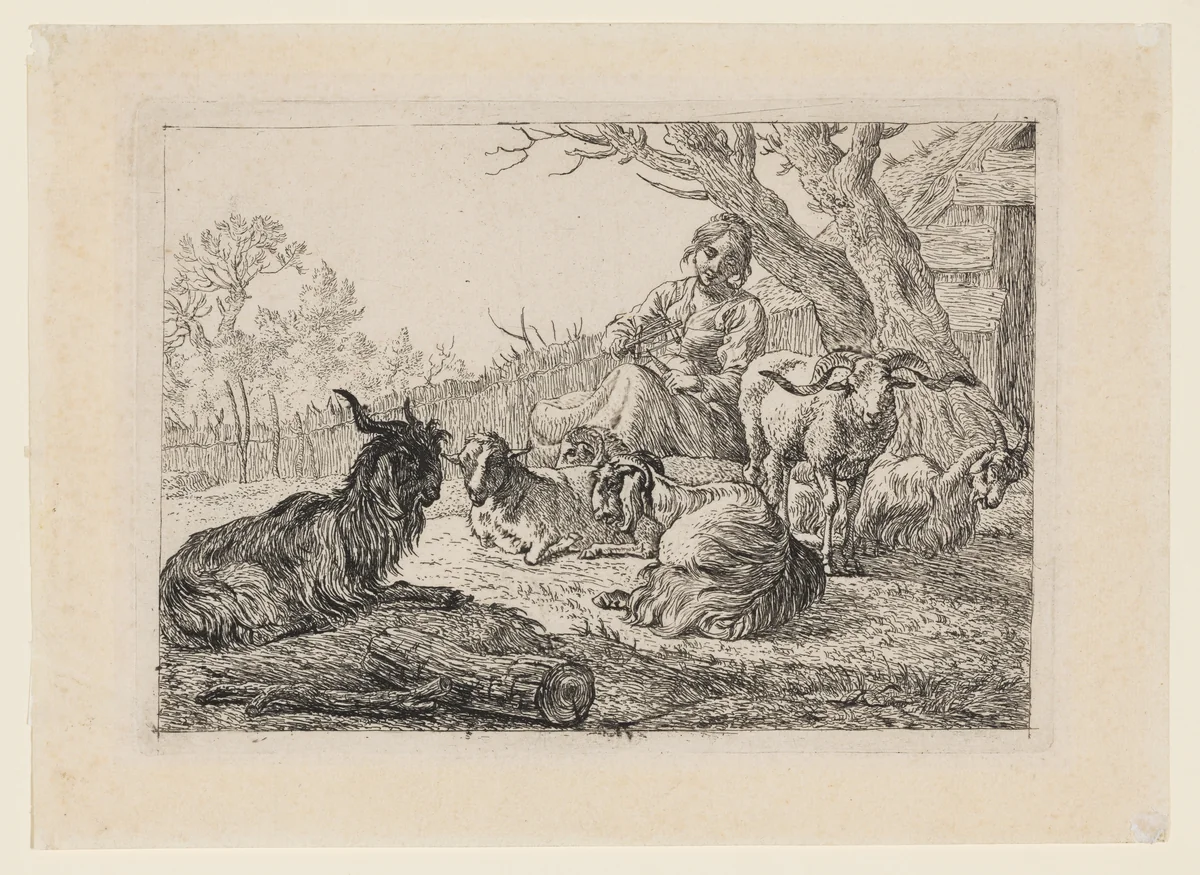 Goats and a Shepherdess Winding Skeins by Pieter van Laer, print, 1636