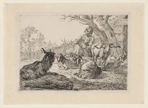 Goats and a Shepherdess Winding Skeins by Pieter van Laer, print, 1636