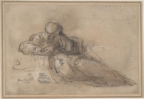 Man Seated on the Ground, Writing by anonymous, drawing, 1600-1700