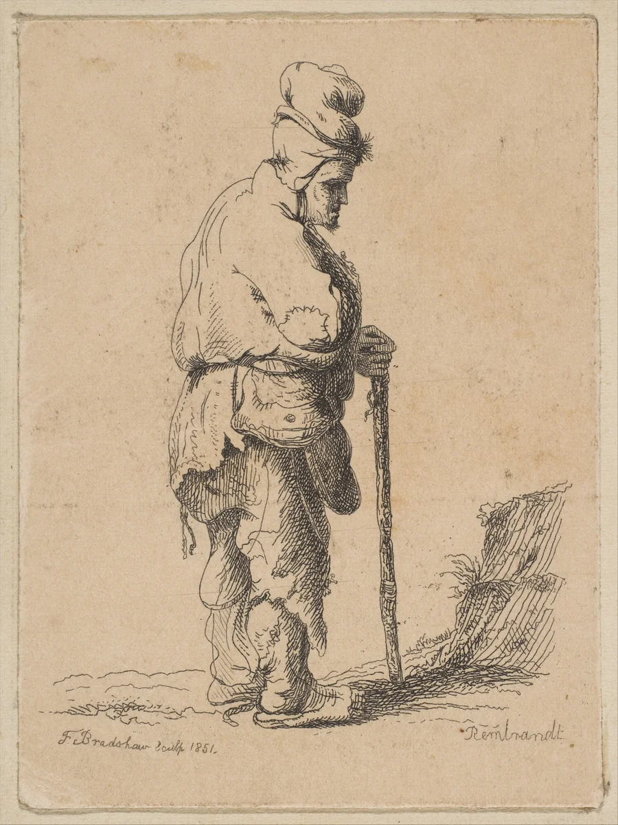 Beggar Leaning on a Stick (reverse copy) by F. Bradshaw, print, 1851