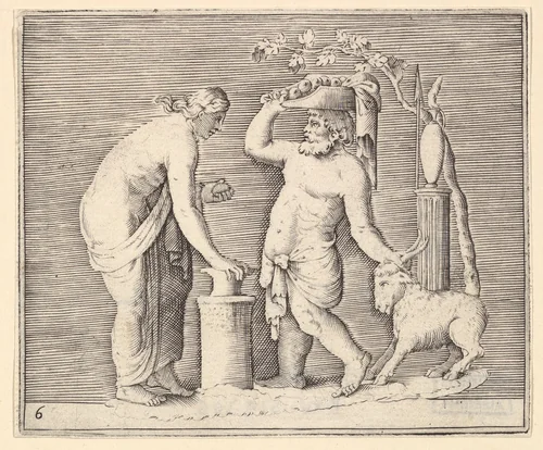 Man and Woman Sacrificing a Goat, from "Ex Antiquis Cameorum et Gemmae Delineata/ Liber Secundus/et ab Enea Vico Parmen Incis" by anonymous, print, 1599-1622