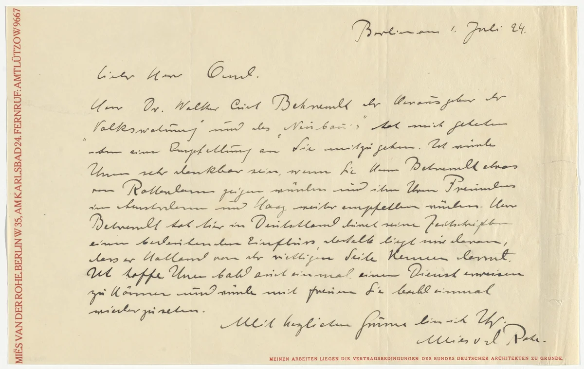 Mies van der Rohe letterhead (Letter to J.J.P. Oud from Mies) by Unidentified Designer, design, 1924