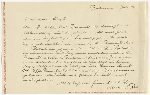 Mies van der Rohe letterhead (Letter to J.J.P. Oud from Mies) by Unidentified Designer, design, 1924