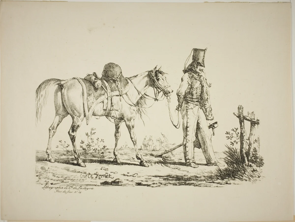 Hussard Walking in Front of his Horse, Smoking a Pipe by Carle Vernet, print, 1817