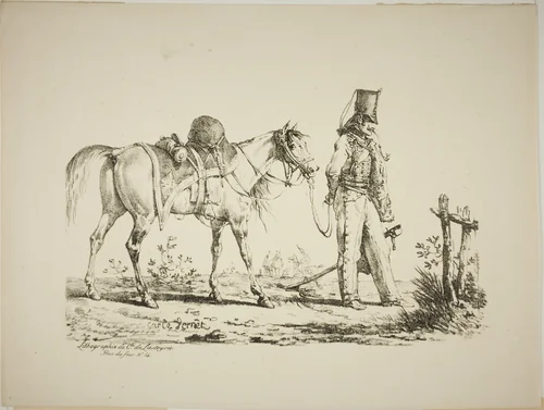 Hussard Walking in Front of his Horse, Smoking a Pipe by Carle Vernet, print, 1817