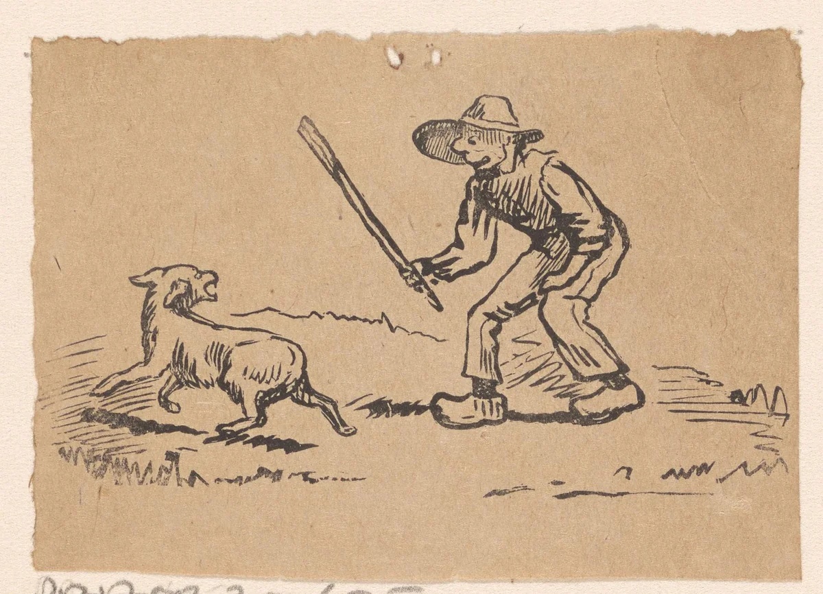 Man met een stok tegenover een hond by Isaac Weissenbruch, print, 1836-1912