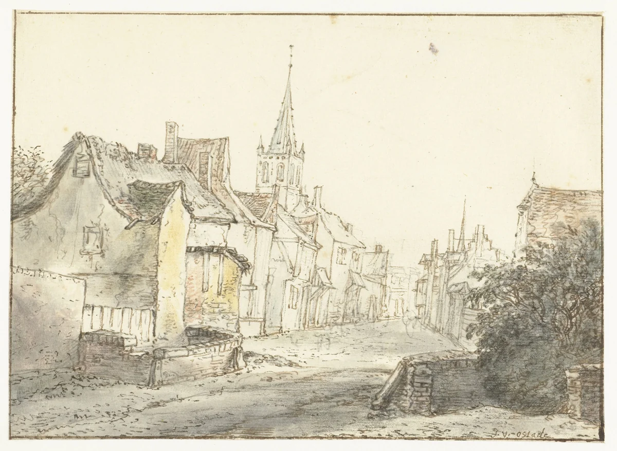A Street in a Village or Town by Isaac van Ostade, drawing, 1646-1649