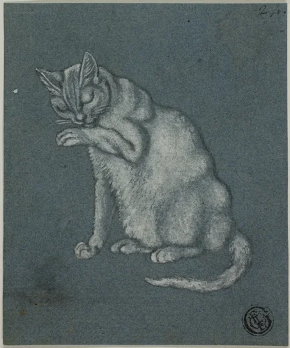 Cat Licking Paw by Unknown Artist, painting, 1800-1899