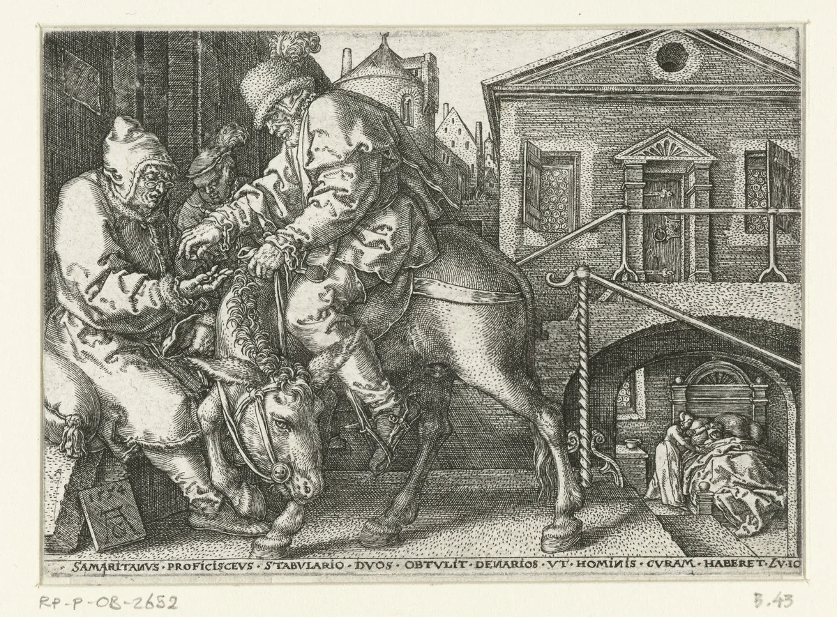 Barmhartige Samaritaan betaalt de herbergier by Unknown, print, 1554