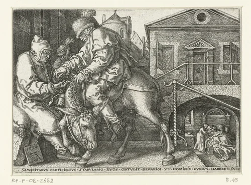 Barmhartige Samaritaan betaalt de herbergier by Unknown, print, 1554