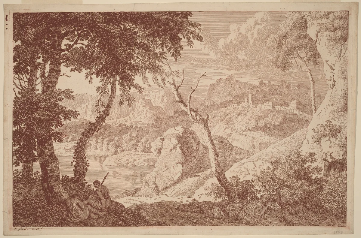 Mountain Landscape with Two Men Resting by Johannes Glauber, print, 1646-1726